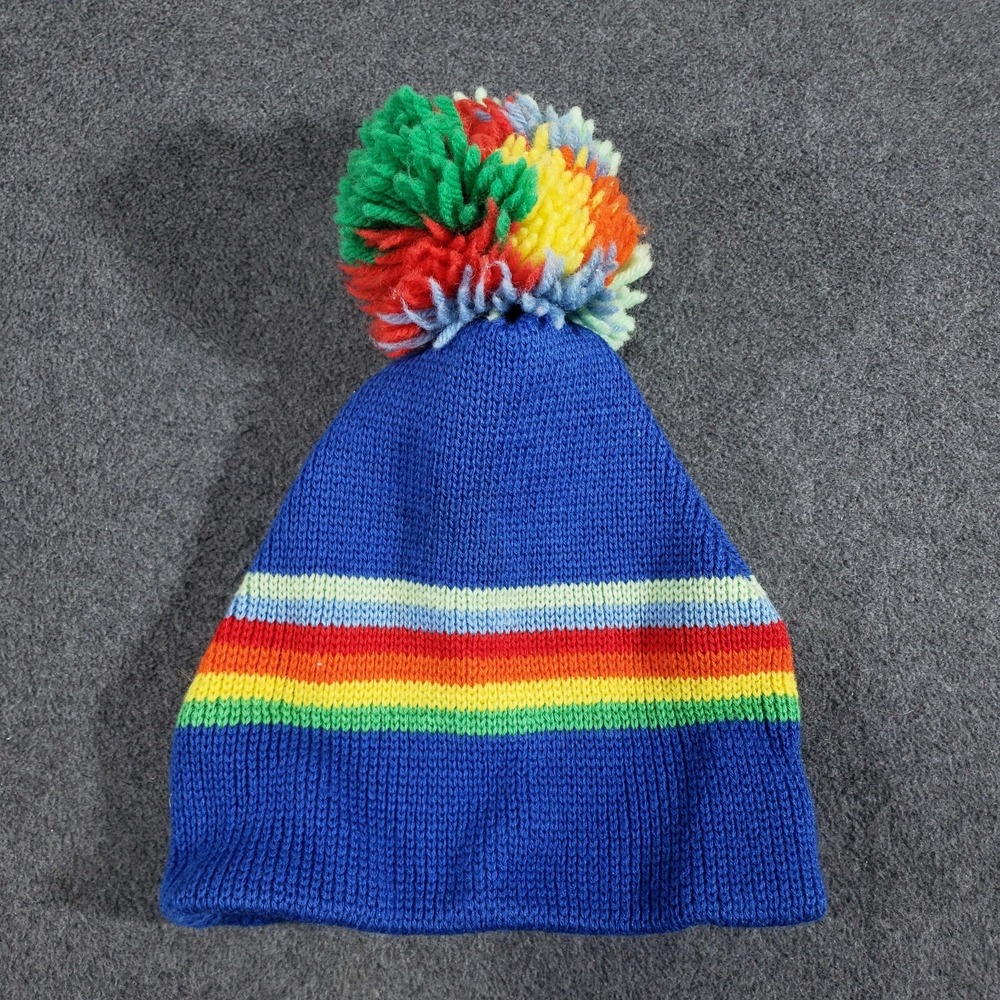 Smiley 100% Wool Beanie Toque Ski Pom Pom Hat Blue Rainbow - Picture 4 of 7
